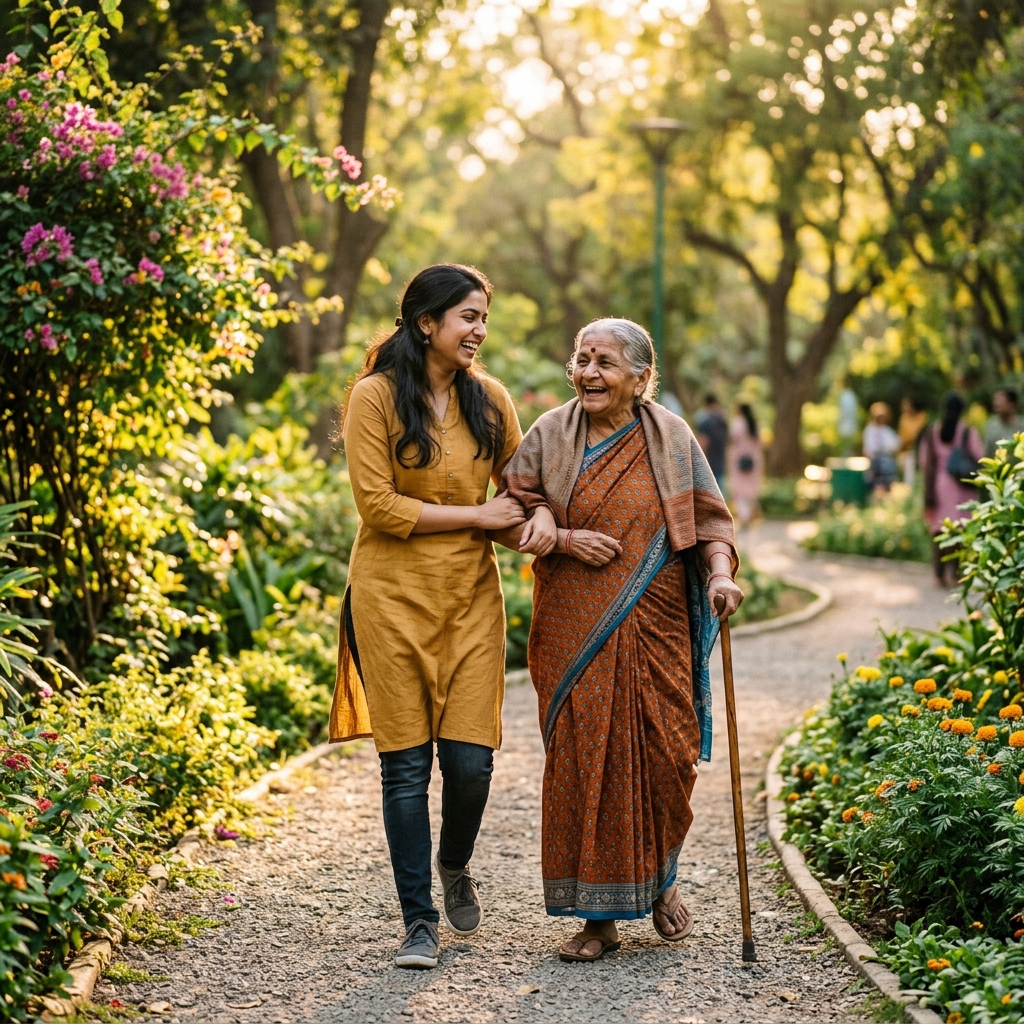 Companion walking with elderly woman in a park