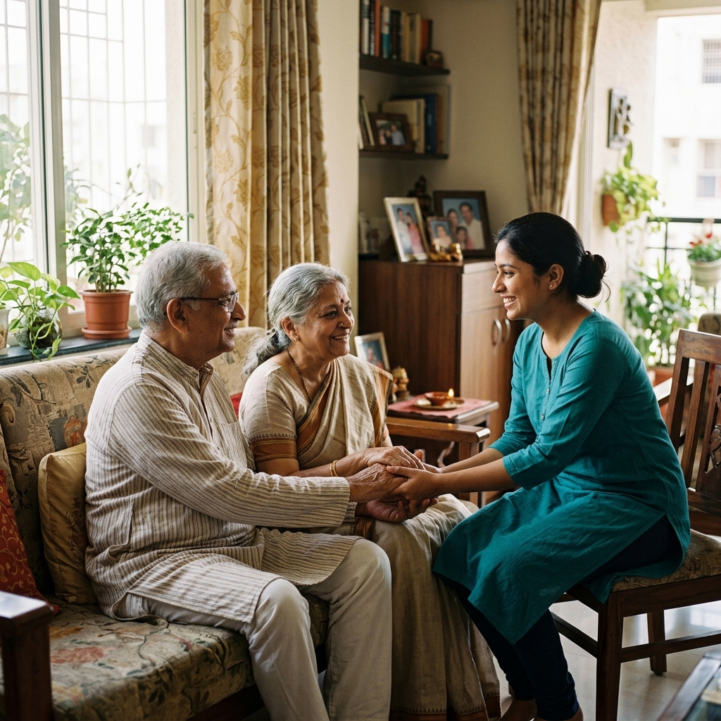 Caring companion spending quality time with an elderly couple in their home